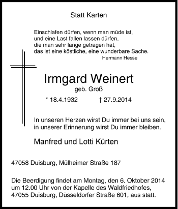 Traueranzeige von Irmgard Weinert von Tageszeitung