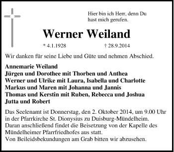 Traueranzeige von Werner Weiland von Tageszeitung