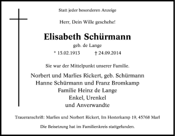 Traueranzeige von Elisabeth Schürmann von Tageszeitung