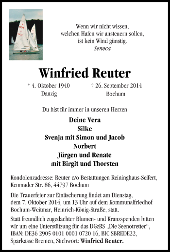 Traueranzeige von Winfried Reuter von Tageszeitung