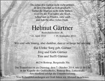 Traueranzeigen von Helmut Gärtner TrauerinNRW.de