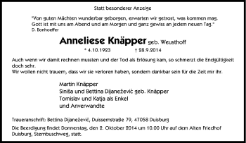 Traueranzeige von Anneliese Knäpper von Tageszeitung