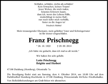Traueranzeige von Franz Prischnegg von Tageszeitung