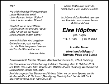 Traueranzeige von Else Höpfner von Tageszeitung