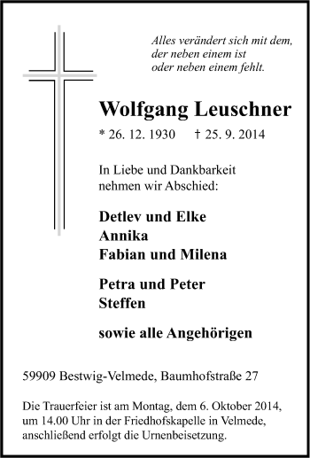 Traueranzeige von Wolfgang Leuschner von Tageszeitung