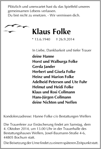 Traueranzeige von Klaus Folke von Tageszeitung