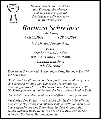 Traueranzeige von Barbara Schreiner von Tageszeitung