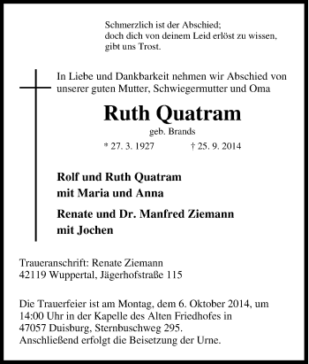 Traueranzeige von Ruth Quatram von Tageszeitung