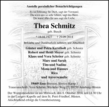 Traueranzeige von Thea Schmitz von Tageszeitung