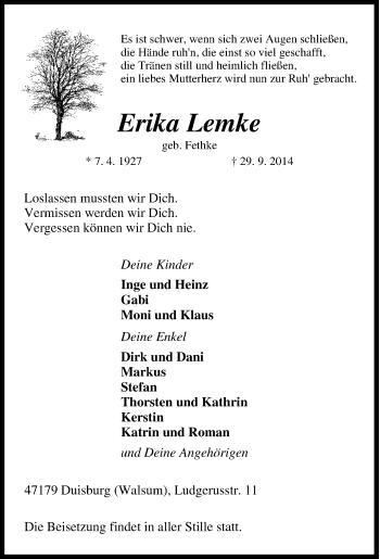 Traueranzeige von Erika Lemke von Tageszeitung