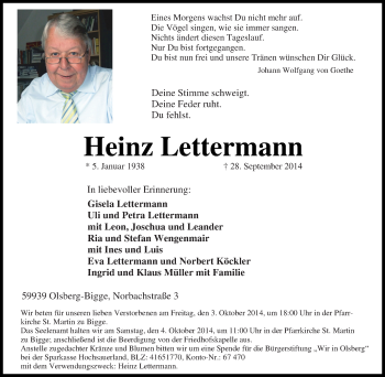 Traueranzeige von Heinz Lettermann von Tageszeitung