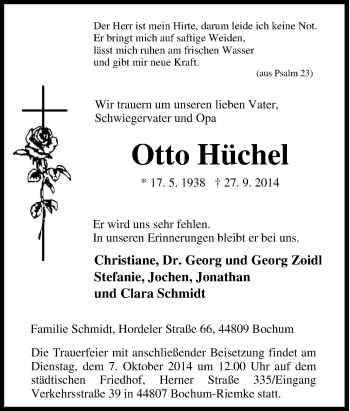 Traueranzeige von Otto Hüchel von Tageszeitung