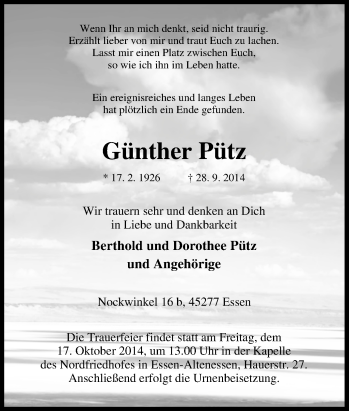Traueranzeige von Günther Pütz von Tageszeitung
