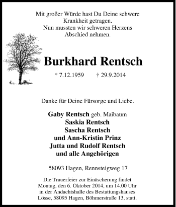 Traueranzeige von Burkhard Rentsch von Tageszeitung
