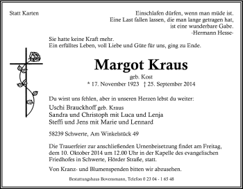 Traueranzeige von Margot Kraus von Tageszeitung