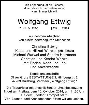 Traueranzeige von Wolfgang Ettwig von Tageszeitung