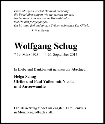 Traueranzeige von Wolfgang Schug von Tageszeitung