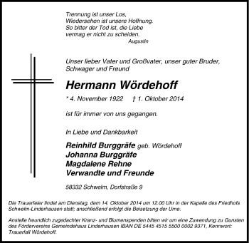 Traueranzeige von Hermann Wördehoff von Tageszeitung