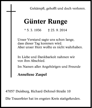 Traueranzeige von Günter Runge von Tageszeitung