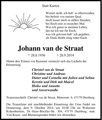 Traueranzeige von Johann van de Straat von Tageszeitung