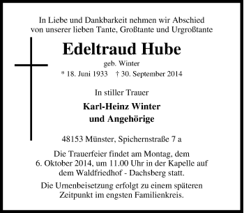 Traueranzeige von Edeltraud Hube von Tageszeitung