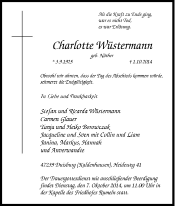 Traueranzeige von Charlotte Wüstermann von Tageszeitung