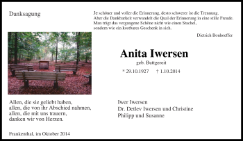 Traueranzeige von Anita Iwersen von Tageszeitung