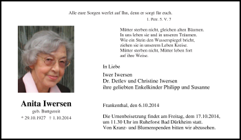 Traueranzeige von Anita Iwersen von Tageszeitung