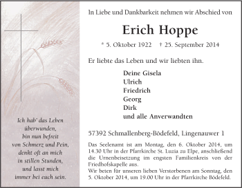 Traueranzeige von Erich Hoppe von Tageszeitung