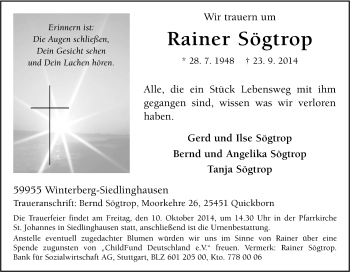 Traueranzeige von Rainer Sögtrop von Tageszeitung