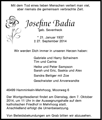Traueranzeige von Josefine Badia von Tageszeitung