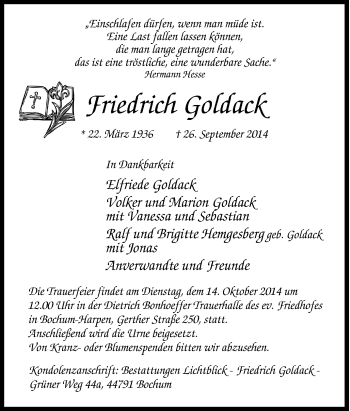 Traueranzeige von Friedrich Goldack von Tageszeitung