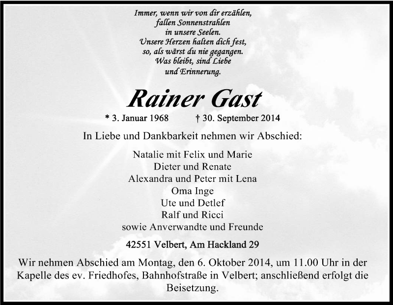  Traueranzeige für Rainer Gast vom 04.10.2014 aus Tageszeitung