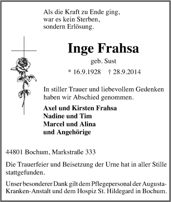 Traueranzeige von Inge Frahsa von Tageszeitung