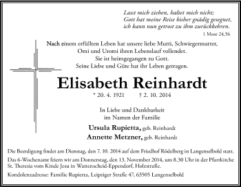 Traueranzeige von Elisabeth Reinhardt von Tageszeitung