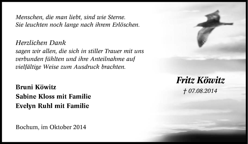  Traueranzeige für Fritz Köwitz vom 04.10.2014 aus Tageszeitung