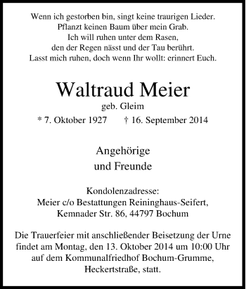 Traueranzeige von Waltraud Meier von Tageszeitung