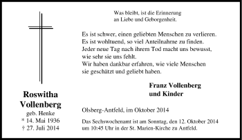 Traueranzeige von Roswitha Vollenberg von Tageszeitung