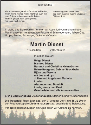 Traueranzeige von Martin Dienst von Tageszeitung