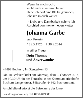 Traueranzeige von Johanna Garbe von Tageszeitung