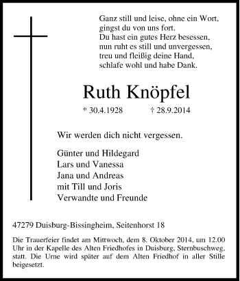 Traueranzeige von Ruth Knöpfel von Tageszeitung