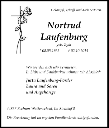 Traueranzeige von Nortrud Laufenburg von Tageszeitung