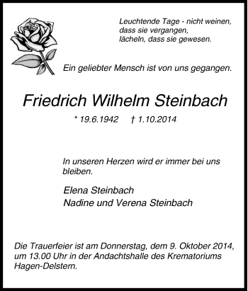 Traueranzeige von Friedrich Wilhelm Steinbach von Tageszeitung