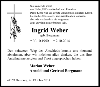 Traueranzeige von Ingrid  Weber von Tageszeitung