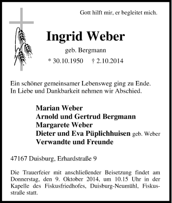 Traueranzeige von Ingrid  Weber von Tageszeitung