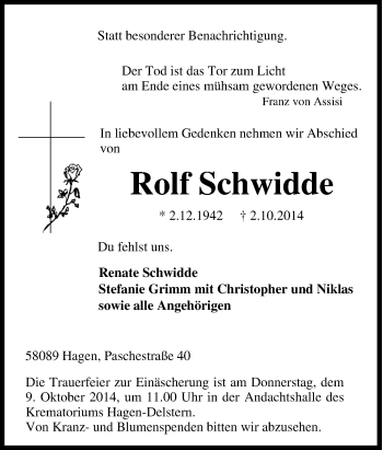 Traueranzeige von Rolf Schwidde von Tageszeitung