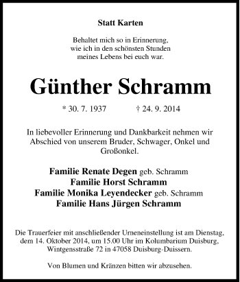 Traueranzeige von Günther Schramm von Tageszeitung