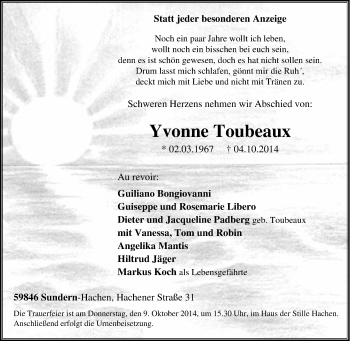Traueranzeige von Yvonne Toubeaux von Tageszeitung