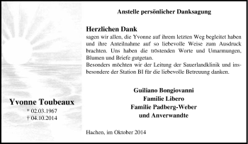 Traueranzeige von Yvonne Toubeaux von Tageszeitung