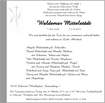 Traueranzeige von Waldemar Mittelstädt von Tageszeitung